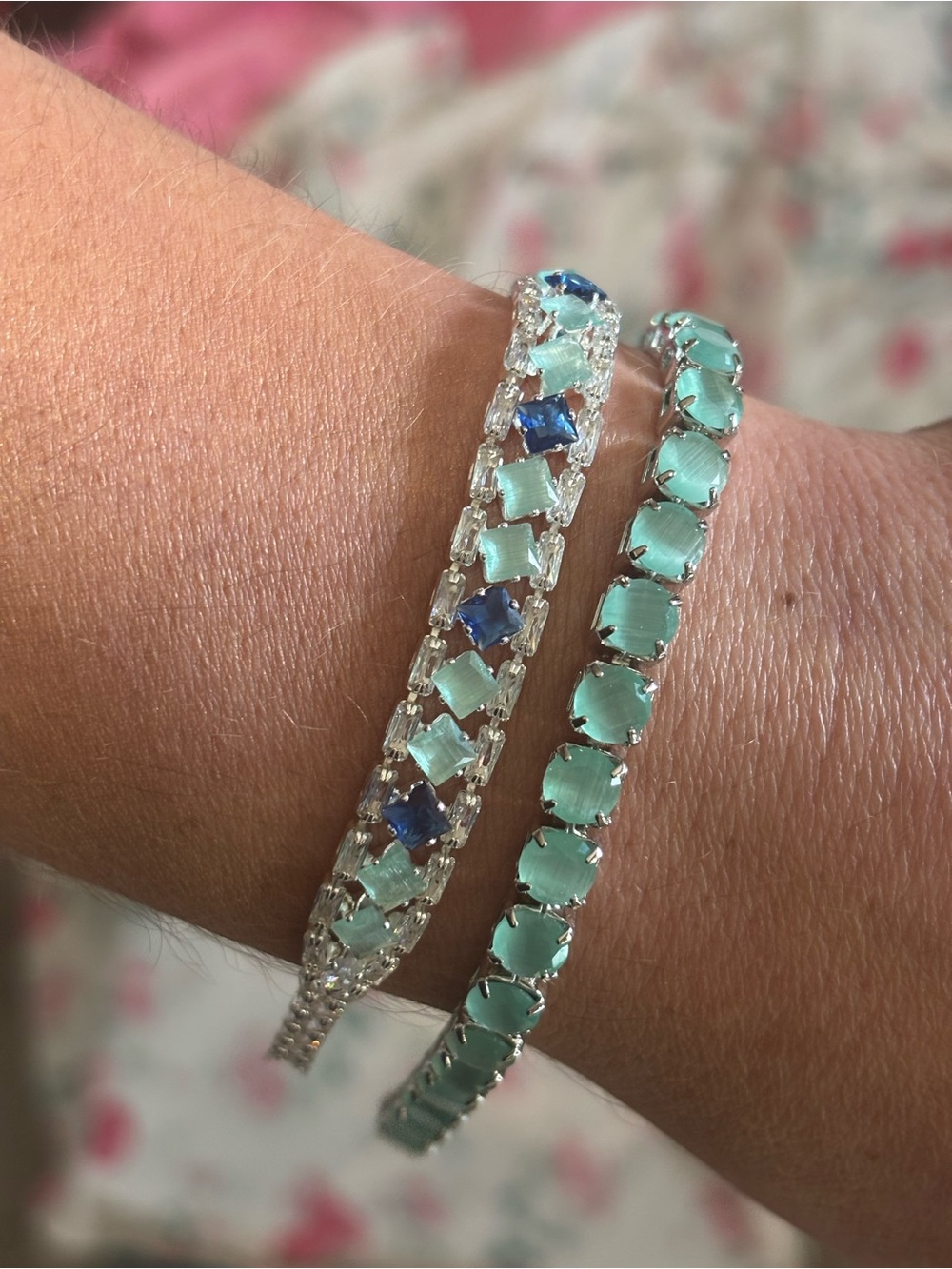 Silver Bracelet Set with Aqua and Blue Gemstones